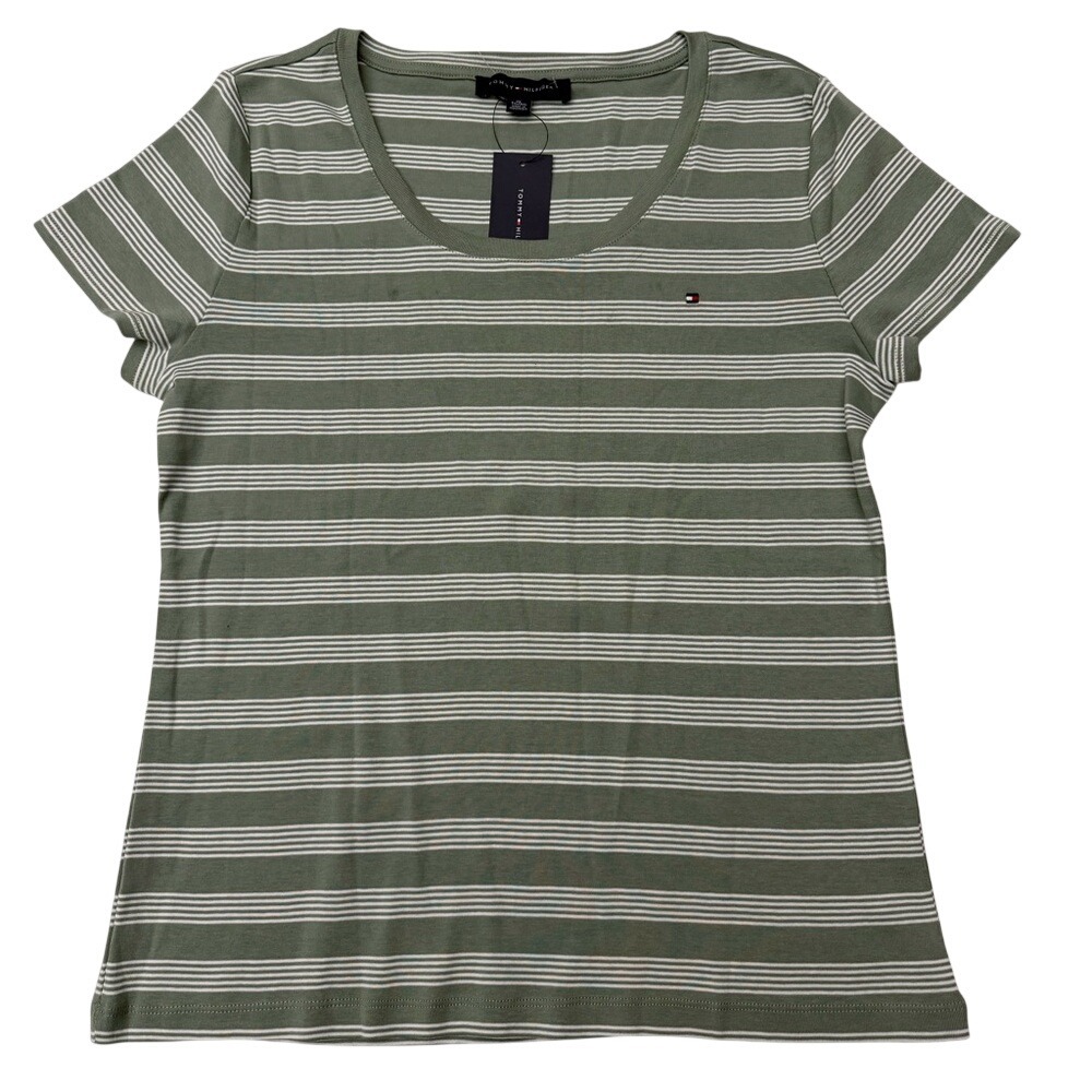 Tommy Hilfiger Olive and White Striped‎ Tee Size XL
